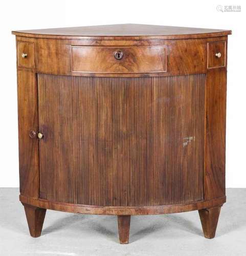 Dutch mahogany Louis Seize corner cabinet with jalousie door and three drawers. Circa 1800. Size: 90