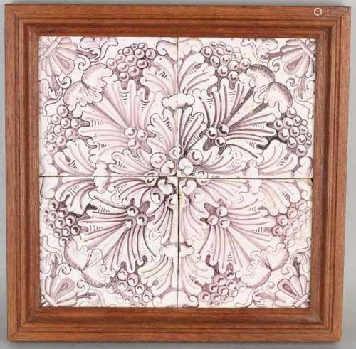 18th Century manganese 4-pass tile picture with floral decor. One corner damaged. Size: 26 x 26