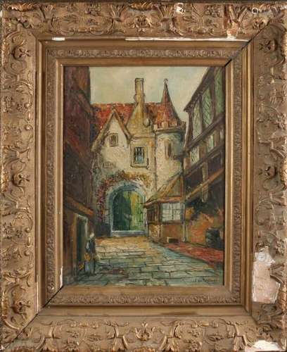 J. Verbrugge. Circa 1900. City gate with figures. Oil paint on linen. Size: 30 x 40 cm. In good