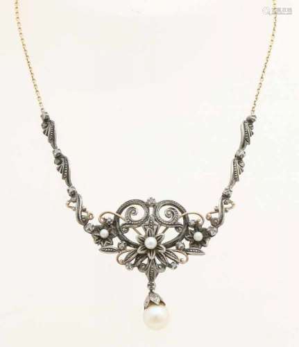 Yellow gold choker, 585/000, with silver trim in Victorian style set with diamonds with old cut