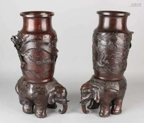 Two large 19th century Chinese / Japanese bronze decorative vases with dragons and elephant