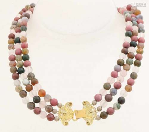 Necklace with quartz beads attached to a yellow gold clasp, 585/000. Necklace with 3 rows of colored