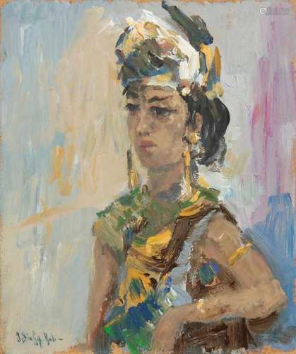 J. Singa. Bali. Indonesian School. Balinese lady. Oil paint on panel. Size: 20 x 22 cm. In good