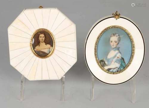 Two antique miniature paintings on ivory with ivory frames. One big one, after Poroneau, lady. And a