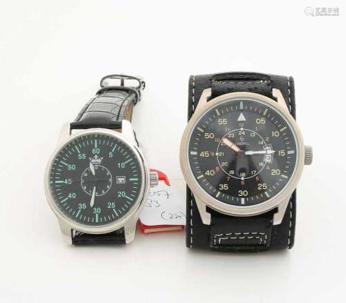Two pilots watches, Jonquet and Cheifel, quarts, with black leather strap. Zwei Fliegeruhren,