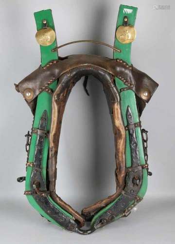 Antique horse harness. Circa 1900. Wood, leather, iron + brass. Size: 87 x 51 x 21 cm. In good