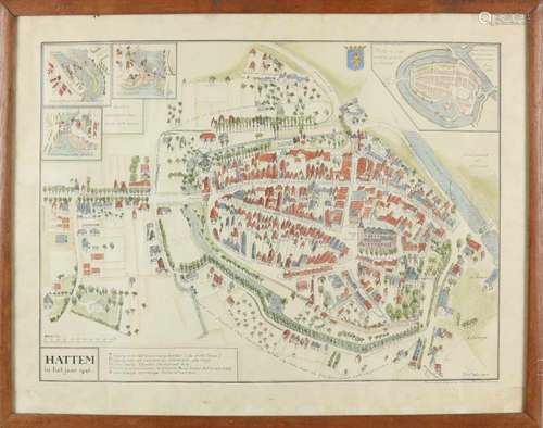 Beautiful hand-colored map of Hattem 1948. By Ina Rahusen. To a map of Jacobus van Deventer, anno