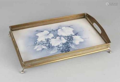 German ceramic tray with grape vines and brass rim. Circa 1915. Size: 38 x 24 x 6 cm. In good