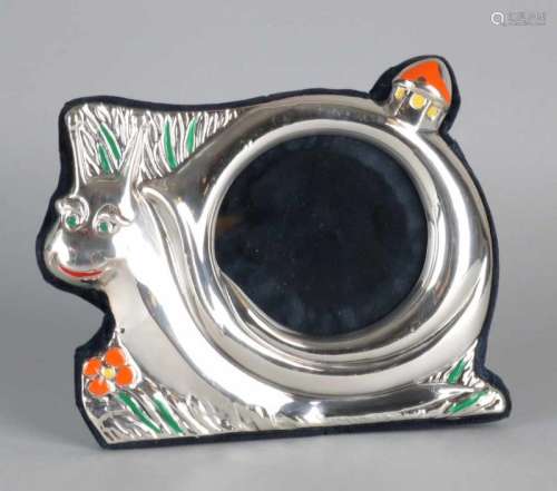 Silver photo frame, 925/000, in the shape of a snail decorated with enamel. Equipped with a velvet