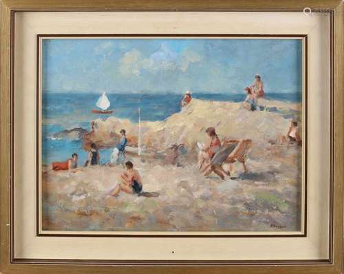 P. Renard. 21st century. Dutch beach scene with figures. Oil paint on panel. Size: approximately