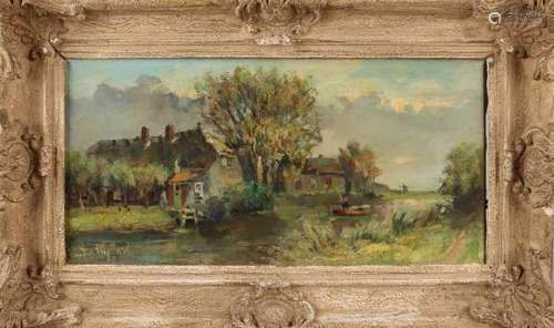 Jan J. van der Stap. 1874 - 1940. Dutch landscape with house and punt in canal. Oil paint on