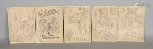 Five Dutch drawings WW II. Figures show (verso texts). Black ink on paper. Size: 23 x 16.5 cm. In