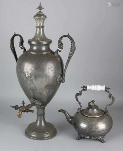 Two times antique tin. 19th century. Consisting of: Large engraved samovar. English chocolate can,