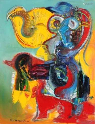 Jan te Wierik. Haaksbergen, 1954 - 2002. Fantasy figures. Oil paint on linen. Size: 76 x 56 cm. In