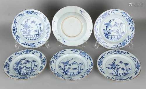 Six times 18th century Chinese porcelain plates with garden decors. Two hairlines and minimal chip