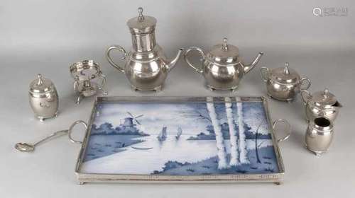 Eight-piece antique plated tableware with ceramic tablet, river view with windmill. Size: 6 - 53 cm.