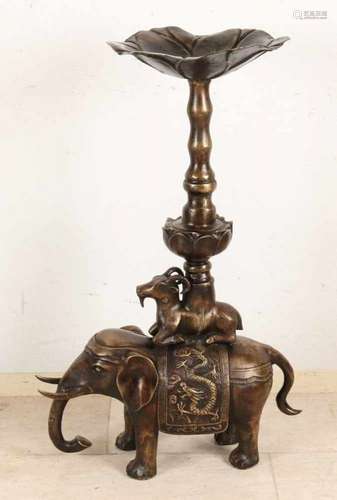 Large Chinese bronze candle candlestick with elephant and lotus flower. 21st century. Size: 90 x