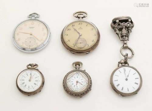 Lot with five pocket watches, including 1 steel and 4 silver models, 800/000, with a stamp. One