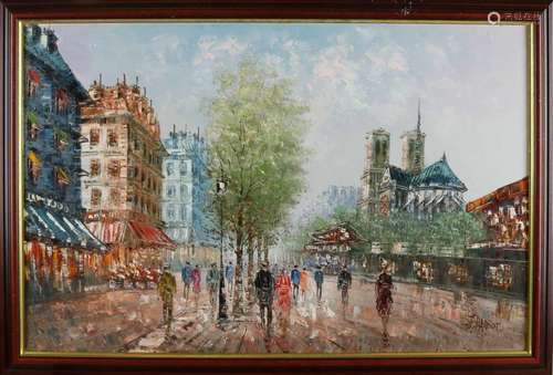 J. Bardot. 20th century. Paris cityscape with figures. Oil paint on linen. Size: 60 x 90 cm. In good