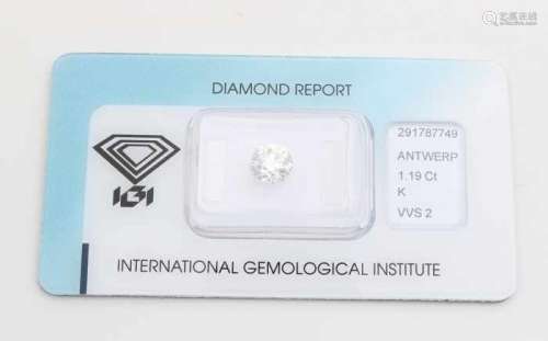 Diamond 1.19 crt, old European cut VVS2-K. Equipped with official IGI certificate.  Diamant 1,19 ct,