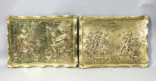 Two antique copper stamps embossed wall decorations with Roman figure representations. Size: 43 x 56