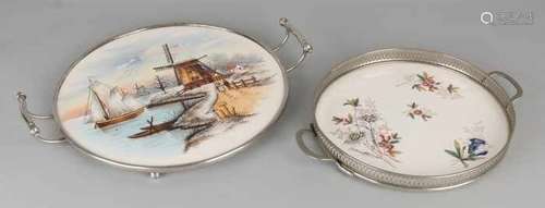 Two antique ceramic presentation tablets with landscape and floral decor. With nickel-plated brass