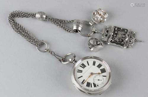 Silver pocket watch with snek, so-called tuber, with roman numerals, provided with chatelaine with 2