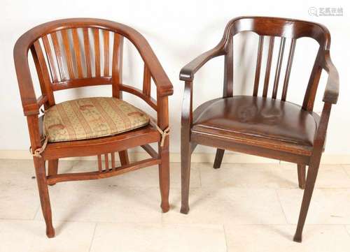 Two office chairs. One time oak with leather seat. Around 1920. Size: 86 x 62 x 53 cm. And one