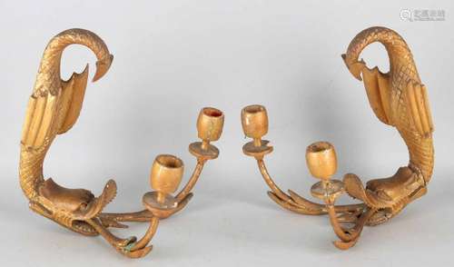 Two antique Empire style gilded wood-stained wall sconces with dolphins. Probably Italy. 19th