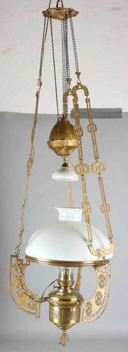 Antique brass with composition metal Art Nouveau pendant lamp. Circa 1910. Later electrified.