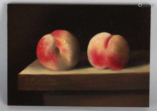 C. Cornelisz. 21st century. Still life with peaches. Oil paint on panel. Size: 13 x 18 cm. In good