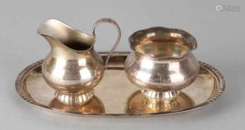 Silver cream set, 835/000, with milk jug, sugar bowl and tray. German MT .: ELVietor, Darmstadt. The