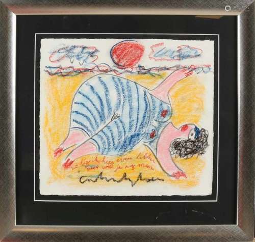 Anton Heyboer. Fat lady on the beach. Pastel on paper. Size: 40 x 35 cm. In good condition. Anton