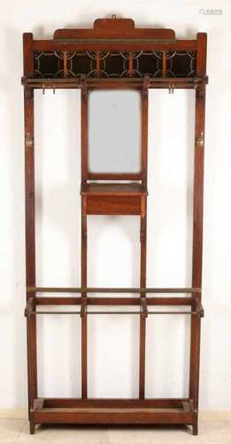 Oak art nouveau standing coat rack with four Majolica tiles, mirror and storage compartment. Circa