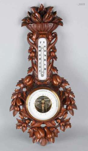 Antique walnut stabbed barometer with thermometer. Size: 60 x 28 x 9 cm. In good condition.