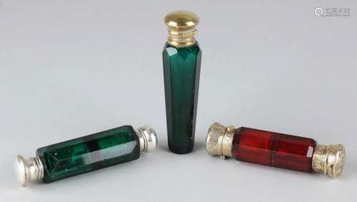 Three antique Bohemian crystal odeo vials. Two times plated and one time sterling silver. Minimal