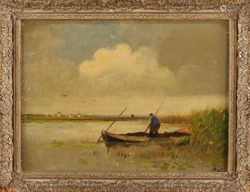 Unclear monogram. Dutch School. Circa 1920. Reed cutter in polder area. Oil paint on linen. Size: 30