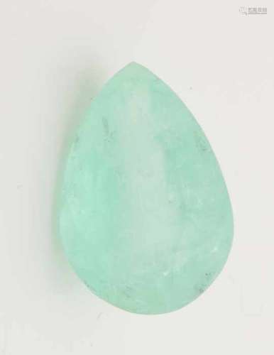 A large light green emerald, pear-shaped faceted model with various impurities. ca 45.83 crt.