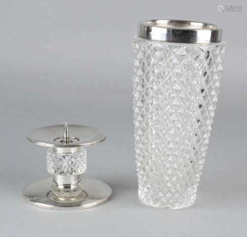 A candlestick and vase with silver and crystal, 925/000, a low table candlestick on round silver