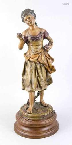 Large antique French composition metal figure. Cold-painted. Original polychromy. Girl with fruit.