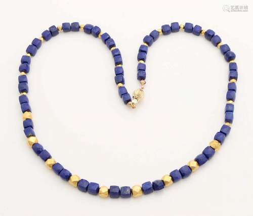 Necklace of facetted lapis lazuli beads with facetted gold overlay in between pieces. Equipped