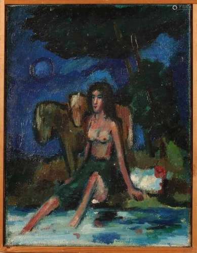 Theo vd Horst. 1921 -. Bathed girl (1980). Oil paint on linen. Size: 30 x 40 cm. In good