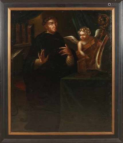 Unsigned. 18th century. Pastor with angel. Restored. Oil paint on linen. Size: 87 x 107 cm. In