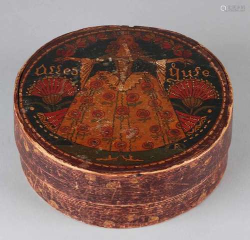 19th Century painted German wood chip lid box. Everything Gute, lady + floral painting. Size: 7 x