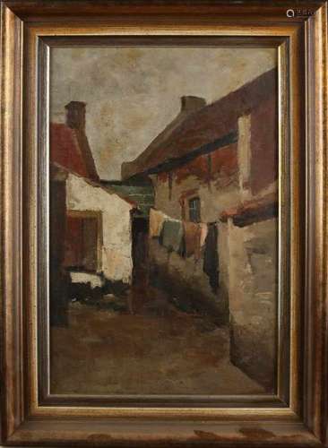 Unsigned. Circa 1920. Clothes line at the backyard. Oil paint on panel. Size: 43 x 28 cm. In good