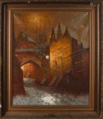 WF Smith. Circa 1970. German school. Winter cityscape at evening. Oil paint on linen. Size: 50 x