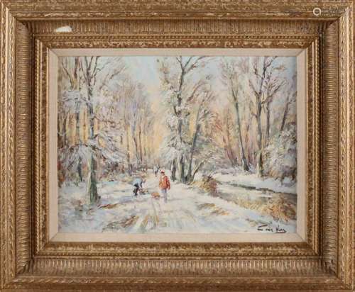 Niek van der Plas. Wintry forest face with hikers. Oil paint on panel. Size: 30 x 40 cm. In good