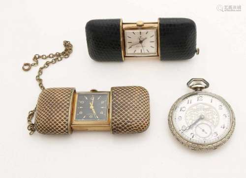 Two travel alarm clocks and a pocket watch. Two mechanical travel alarms with rectangular leather