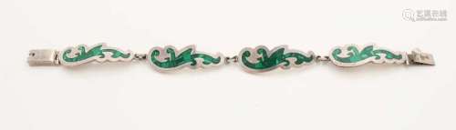 Silver bracelet, 925/000, with 4 links in the floral shape set with a mosaic of malachite. Mexico.