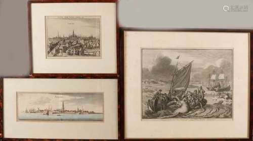 Three antique engravings. 17th - 18th Century. Among others: Utrecht, Comm. Rer. Germ. Liber.